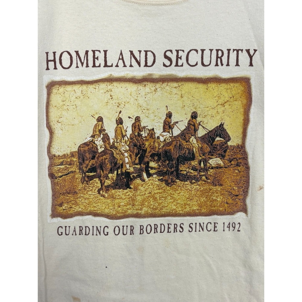 Homeland Security 1492 T-Shirt Mens Cream Pre Shrunk Medium Vintage 90s Anvil